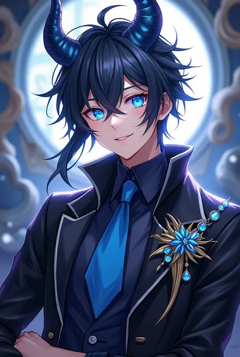  anime male character full images background demon Blue eyes smile face unique costume