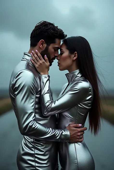 Powerful and sensual photo of a futuristic man and a woman with closed eyes and heads together in profile,(( the man has the hands passionately on the woman  face 1:1))) both with Chrome jumpsuites with holografic colors on it, breathtaking, romantic, hard...