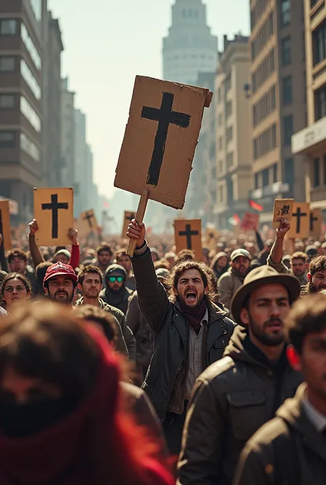 Followed by scenes of protests in various parts of the world, with religious posters and cries of resistance against science. Expressions of emotion and concern among protesters