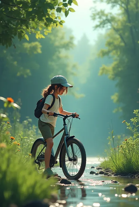 A girl stand on the nature with her bycycle wearing the cap also and side river realistic human photo 4k