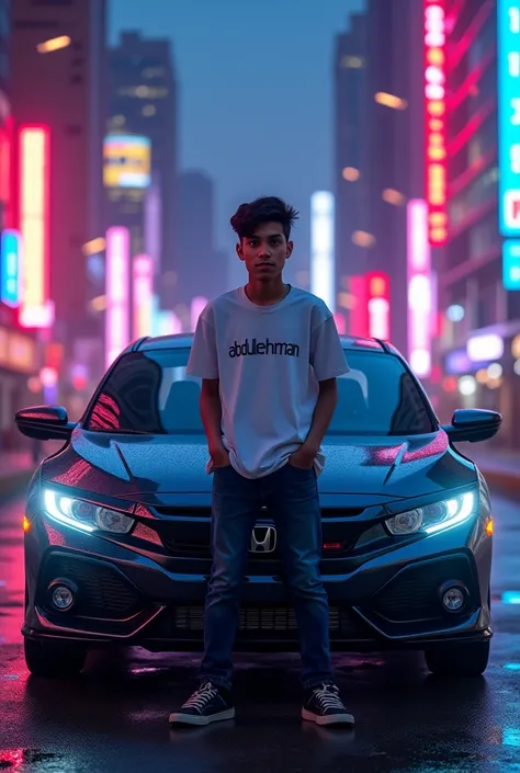 Imagine a teenage boy standing confidently in front of a sleek, modern Honda Civic, with the citys skyline and vibrant neon lights in the background. The boy has a stylish look, and hes wearing a shirt with "Abdulrehman" printed on it. The scene is lively ...