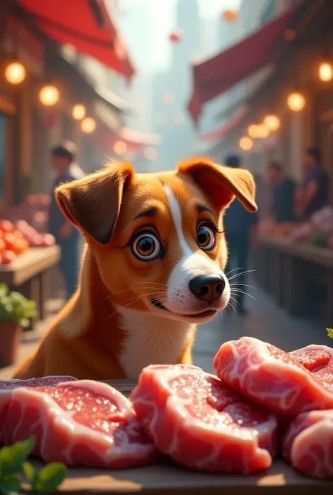 

1. **Scene 1**: The dog is looking at a piece of meat in the market. 
   - Picture: The dog gazing towards the market