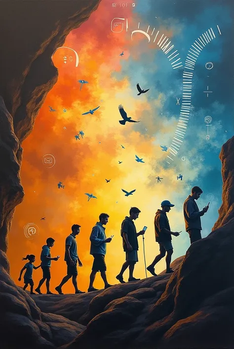 Title: The Evolution of Communication Background:
 
Left side: Depict an ancient setting with earthy tones, representing primitive forms of communication like cave paintings, smoke signals, and hieroglyphs. You could show people carving symbols on stone or...