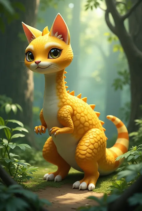 Dinosaur mixed with yellow cat,with short legs in the forest