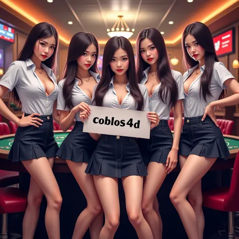 create a game flyer of a group of cewek sma indonesia promote online gambling, casino background, wearing cewek-sma uniform indonesian, behind poker table, big breast, cleavage, holding a banner writing "COBLOS4D PASTI-BAYAR"