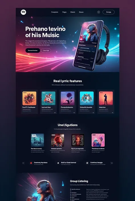 Here’s a modern web design concept for a **music playing app** like Spotify, incorporating advanced features and an intuitive user experience:

### **Website Structure:**

#### 1. **Landing Page**:
   - **Hero Section**:
     - **Background**: A vibrant, a...