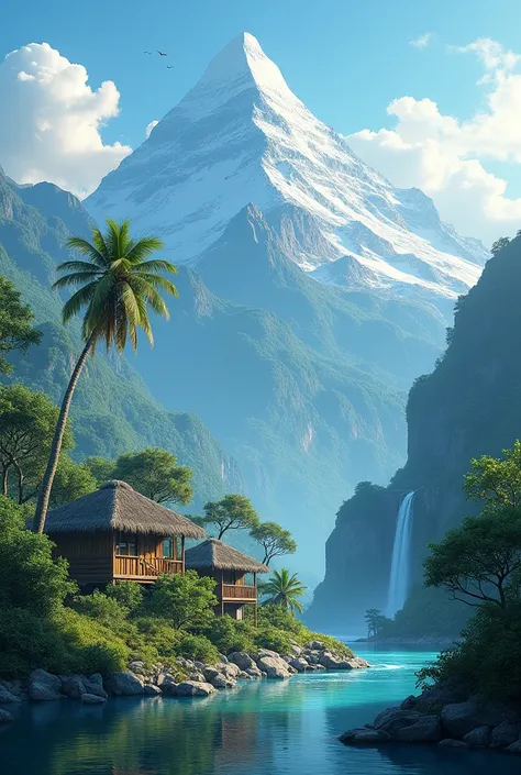  Snow Mountain and middle mountain having sun and and one waterfall and a two huts and coconut tree and some beautiful trees and few birds flew away and a river 