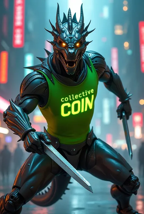 Futuristic Dragon Humanoid Robot, with the neon green shirt with the word written on it "Collective Coin". In attack position and with medieval ninja weapons. 