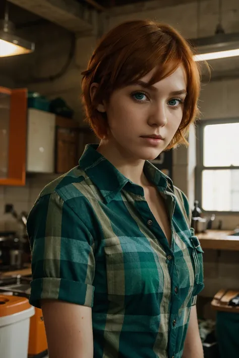 solo, 1girl, young, orange hair, short hair, messy hair, brown eyebrows, blue eyes, eyeliner, half-body, green tartan shirt