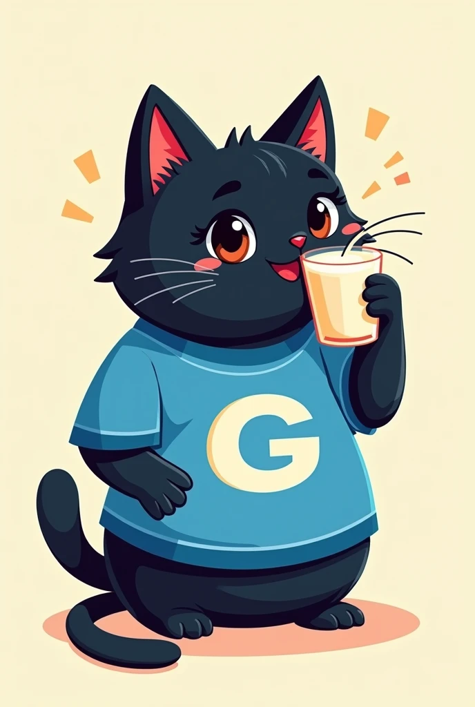 gato preto desenho animado bebendo leite com uma blusa azul com a letra "g"