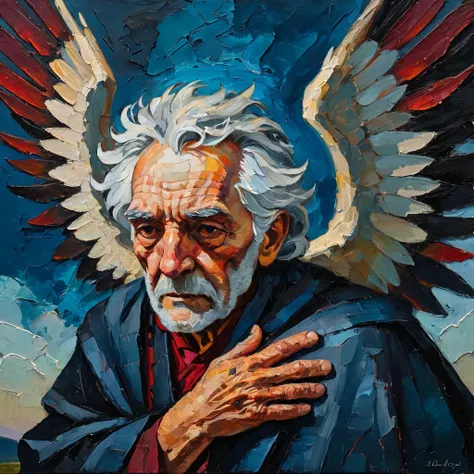 a thick textured oil painting, impasto brushstrokes, dry brushing,revealing underlayers, abstract landscape, moody lighting, dramatic shadows, muted earthy colors, vibrant colors, highly detailed, masterpiece, divinity, black angle wings behind, old man wh...