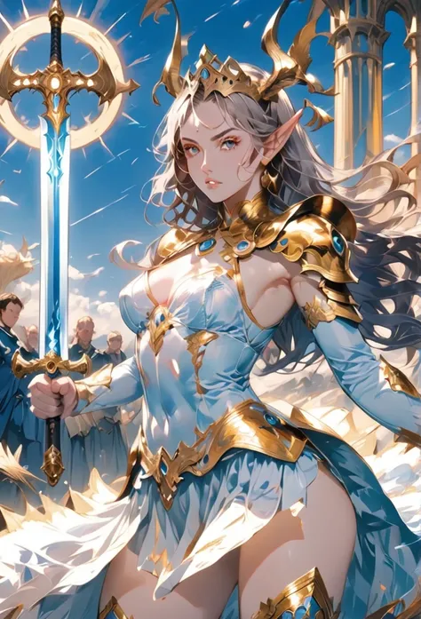 ((masterpiece)), ((best quality)) (Extremely detailed), Backlighting, Very detailed background,,White skin, Lots of, Muscle Girl, A man in anime style clothing，Girl holding a full body battle axe,Dark blue long coat,Gold decoration,Great Sword,Long boots,N...