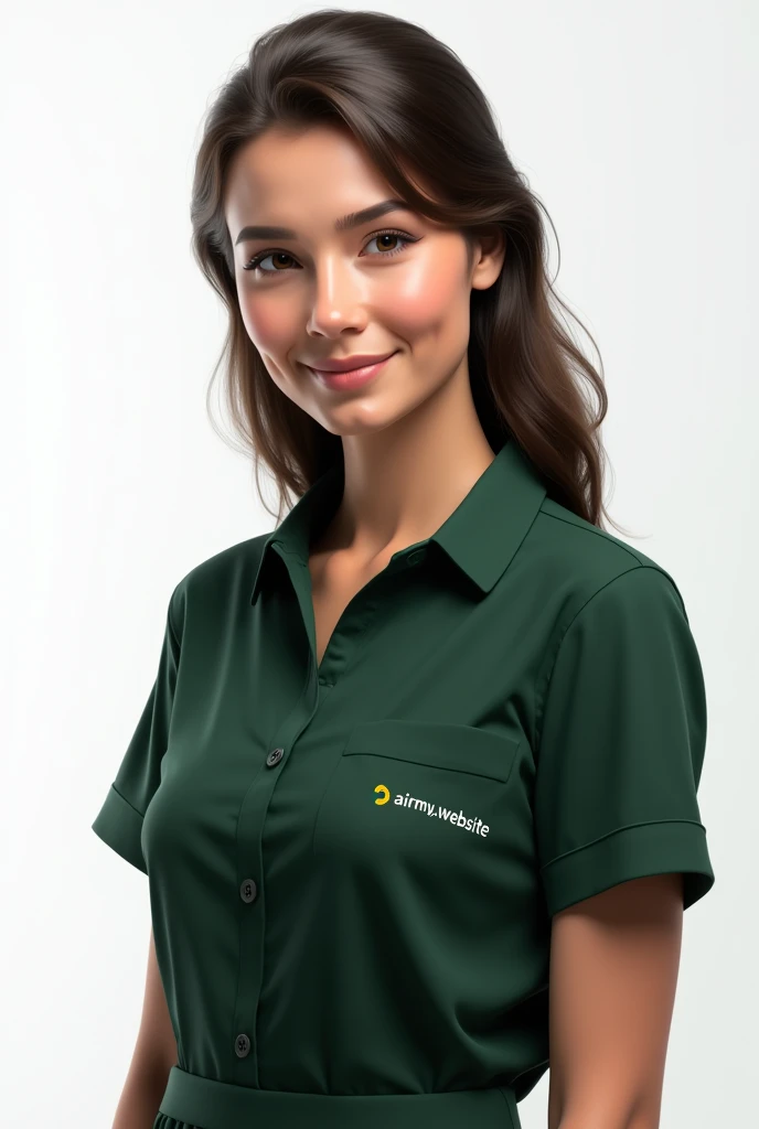 Image of a Brazilian woman, From the waist up, with realistic look He should be wearing a dark green shirt with the name, Airmy.Website&#39;&#39; on the side of the chest. The person should look directly at the camera with a friendly and attentive expressi...