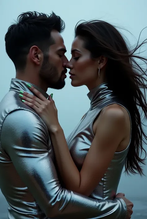 Powerful and sensual photo of a futuristic sleek man and a woman with closed eyes and heads together in profile,(( the man has the hands passionately on the woman face 1:1))) both with Chrome jumpsuites with holografic colors on it, breathtaking, romantic,...