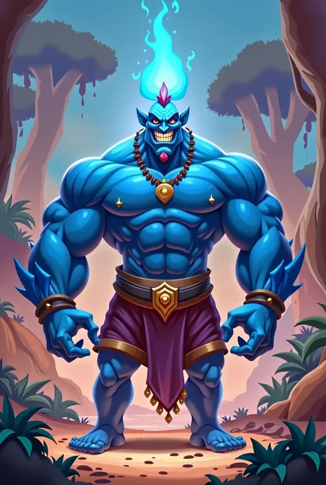 A blue genie with a muscular male physique of normal height with an evil smile in a savanna biome with warm colors, with sky blue flames in the biome. in cartoon style
