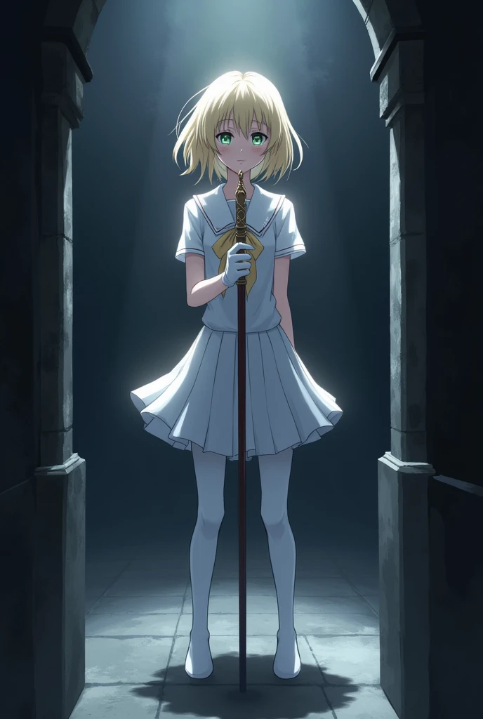 In the Dark，White short-sleeved school uniform，White pleated skirt，white pantyhose，White gloves，blonde long hair anime girl，Staff