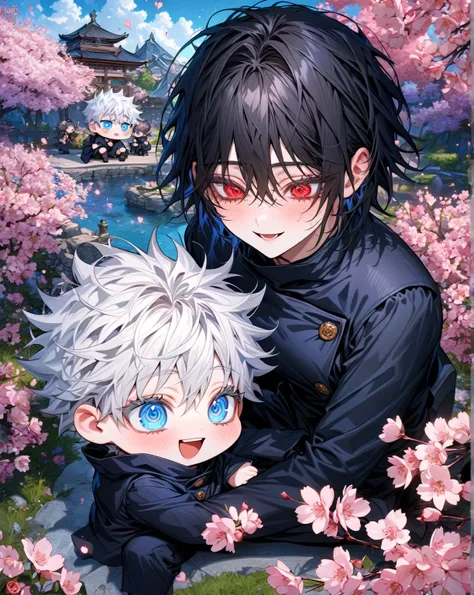 absurdres, highres, ultra detailed, HDR) master piece, best quality, extremely detailed, detailed eyes, detailed face, Gojou Satoru chibi, white hair, white eyelashes, expressive blue eyes, hair between the eyes, with bangs, Jujutsu Kaisen, Love Jinx, Kang...