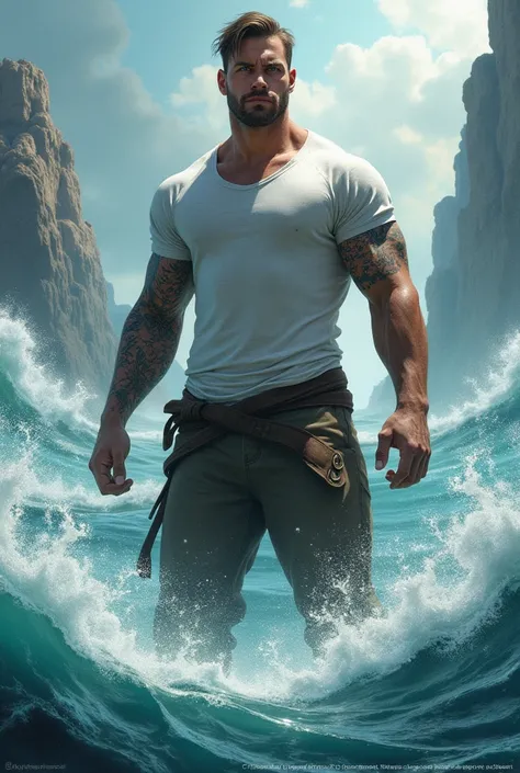 Triton, Height:2.70, Cotton clothing, Brown pants and white t-shirt, blue eyes, short straight hair, slightly tanned skin, arms with scale tattoo