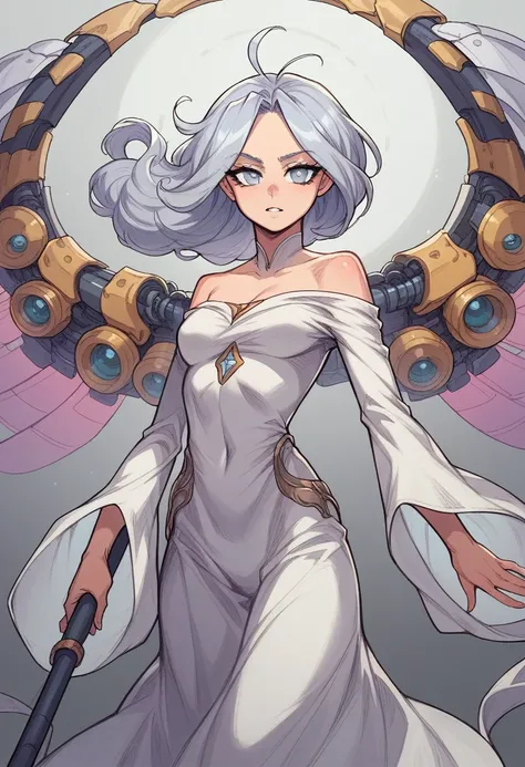 A pale-skinned woman with flowing white robes that shimmer with embedded nanotechnology. Her long, silver hair floats as if it’s defying gravity, with strands that light up like thin wires. Her body is slender and almost ethereal, enhanced with floating ri...