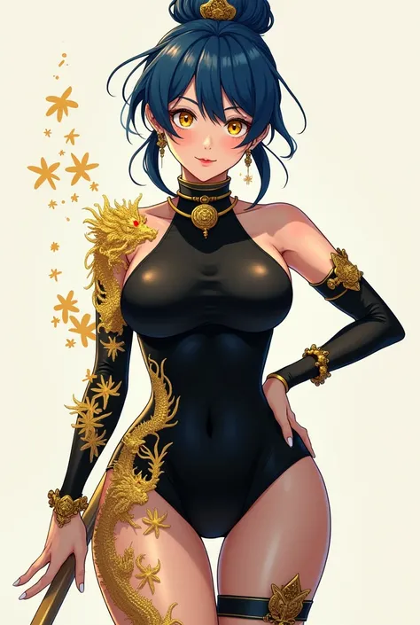 anime, girl, detailed, blue hair, Black dress, Chinese dress, Beautiful face, A little self-confident, I have a bun, Sharp, controlled eyesight, Japanese style face, fit, thin, big breasts, golden dragon pattern, cool, long hair, yellow eyes, sexy, sex, go...