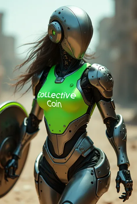 Robô futurista cowgirl, in attack position with shield with armor with neon green shirt with the word written "Collective Coin". In attack position and with medieval ninja weapons.