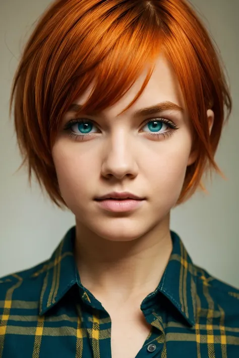 solo, 1girl, young, orange hair, short hair, messy hair, brown eyebrows, blue eyes, eyeliner, half-body, green tartan shirt, blue jeans