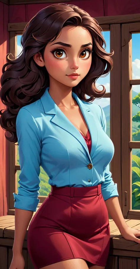 In this image, a woman is standing in a sexy pose, crossing her arms in front of her. She is wearing a red velvet blazer over a light blue button-down shirt, the collar of which is slightly open. MAtching red velvet skirt. Her body type is slim and athleti...