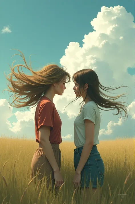 "A windy day with strong gusts blowing through a grassy field. Lily’s long hair is getting tangled as it whips around in the wind. Rose stands beside her, with her short hair barely moving, looking at Lily with concern."