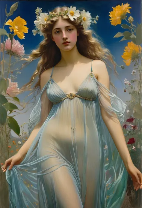 Oil tempera painting of a full-length woman, in a transparent dress with her breasts exposed, with flowers in her hair, artist Jules Lefebvre, portrait of teenage Aphrodite, stunning young ethereal figure, young girl, young goddess