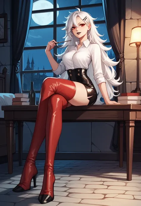 score_9, score_8_up, score_7_up, score_6_up, score_5_up, score_4_up, source_anime, 1girl, full body, bed, white hair, long hair, red eyes, black lipstick, hairpins, messy hair, white shirt, leather skirt, crossed legs, red thigh high boots, heels, night, w...