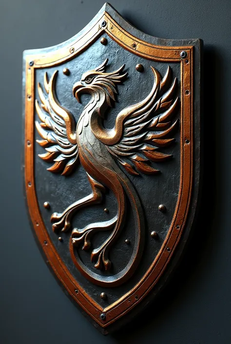 Create a three-dimensional shield with intricate, mythological elements. The shield should have a metallic finish with a combination of silver and dark bronze. Incorporate detailed engravings of mythical symbols , like a phoenix , in a contrasting color to...