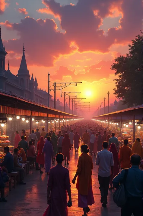 Imagine a bustling Indian railway station at sunset: the sky is painted in hues of orange, pink, and purple as the sun sets behind the horizon. The platform is teeming with people—travelers in colorful traditional attire and modern clothing, some sitting o...