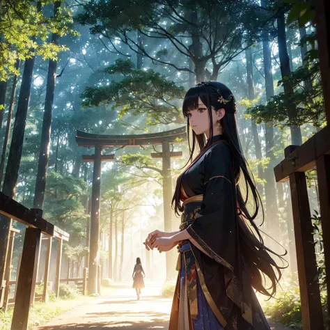 1girl, long flowing hair, student, dangling earrings, standing within lush deep forest in Japan, large torii gate architecture in foreground, sparkling atmosphere, (best quality,4k,8k,highres,masterpiece:1.2),ultra-detailed,(realistic,photorealistic,photo-...