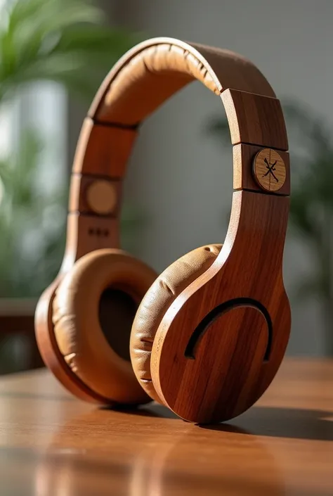 Wood full size headphone full potrait, on table , artistic, aesthetic, 