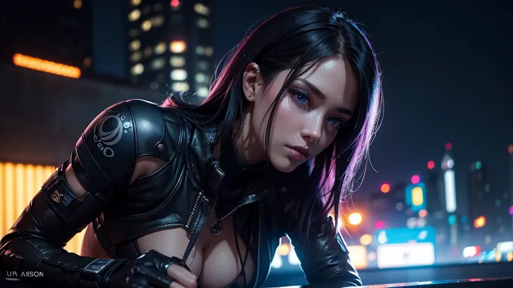 naked cyberpunk girl in a rainy city at night,prone position, beautiful detailed eyes, beautiful detailed lips, extremely detailed face, long eyelashes, slender body, black thong, neon blue and purple lights, 8k, (best quality, 4k, 8k, high resolution, mas...