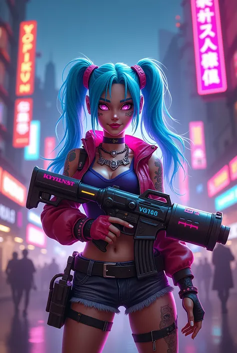 jinx, video game character, beautiful girl, blue hair, pink eyes, tattoos, smiling, playful, mischievous, holding a rocket launcher, explosions, neon city background, vibrant colors, 2d digital art, cinematic lighting, hyper-detailed, 8k, photorealistic, m...