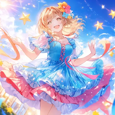 ((High definition, high detail, uhd, 8k, Masterpiece)), blue sky, A cute girl is floating in the sky, Laughing happily and waving, blonde hair, Colorful dress, frilly see-through dress, glittering and fluffy effect of pastel and vivid colors, DOF, Lens Fla...