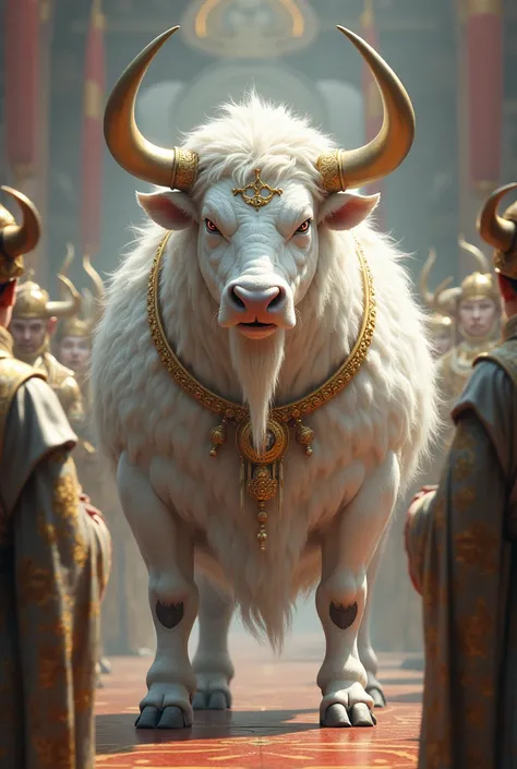 The white bull, who is outstanding, dignified and fearsome, with a sacred rank and sacred speech, surrounded by servants of wealth and fortune, together with the emperor deer king, dressed in silver.