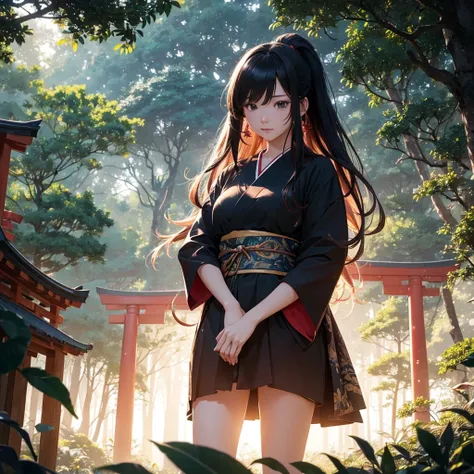 1girl, long flowing hair, student, dangling earrings, standing within lush deep forest in Japan, large torii gate architecture in foreground, sparkling atmosphere, (best quality,4k,8k,highres,masterpiece:1.2),ultra-detailed,(realistic,photorealistic,photo-...