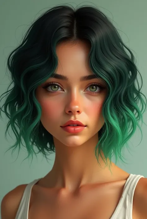 An 1, short hair with wavy green highlights , Caucasian skin, from Brazil. realist art