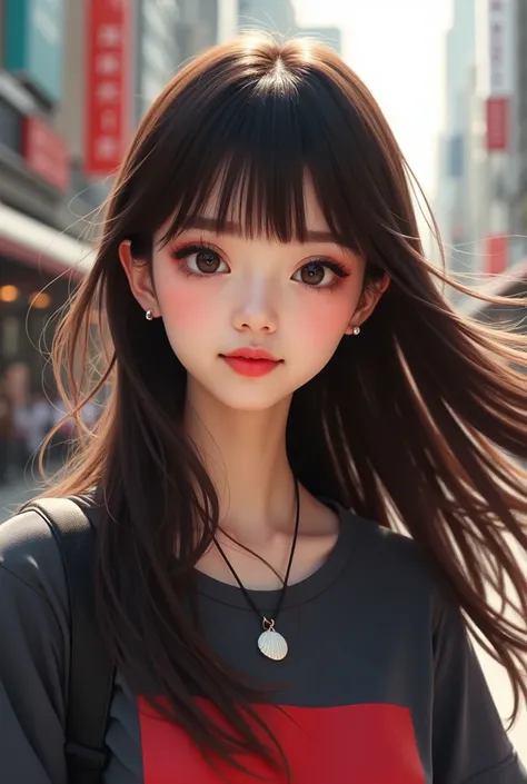 The features are detailed as follows:。

---

**Hairstyle and hair color**:
- Long hair、Swaying naturally in the wind。It has a smooth texture.、The bangs are blunt and reach below the eyebrows.。
- Natural hair color is dark brown to black、The areas where the...