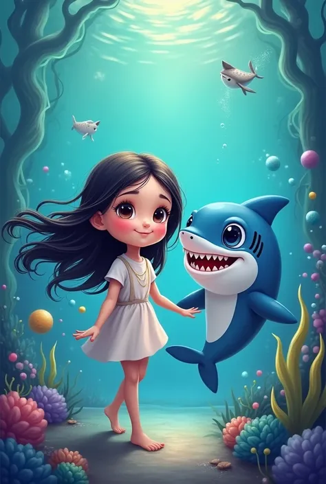 Create image of a white girl with dark hair, with its shark mascot