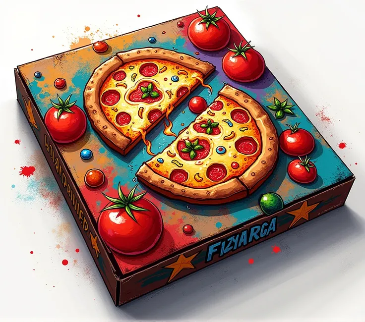 create the pizza box lid, In these prints, use bright colors as if they were street graffiti., without a name or logo, just images of pizzas, Sauces, tomates.
