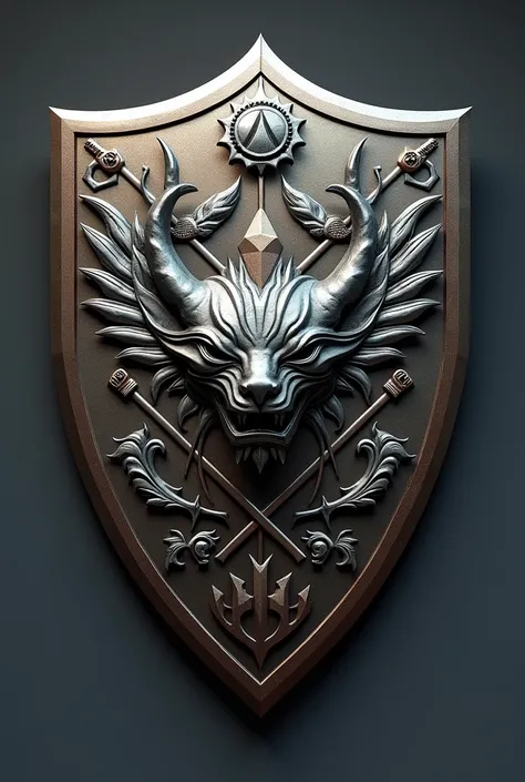 Create a three-dimensional shield . The shield should have a metallic finish with a combination of silver and dark bronze. 
The shield should feature a sleek, modern design with bold, clean lines and sharp angles to give it a strong, professional appearanc...