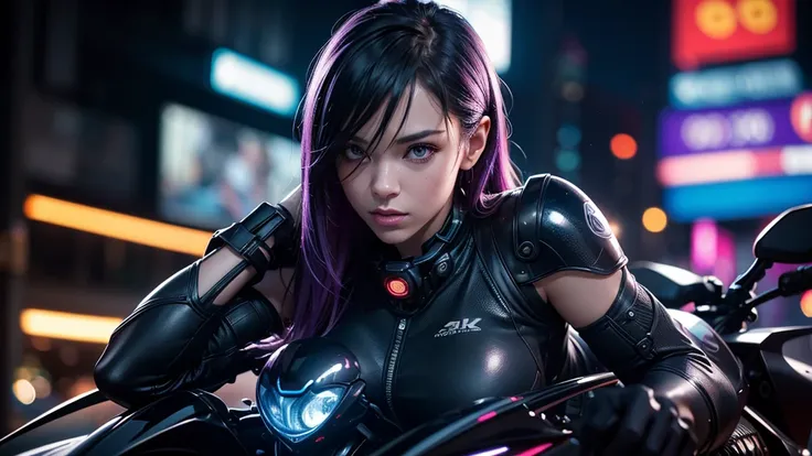 naked cyberpunk girl in a rainy city at night,prone position,on a futuristic sports motorcycle, beautiful detailed eyes, beautiful detailed lips, extremely detailed face, long eyelashes, slender body, black thong, neon blue and purple lights, 8k, (best qua...