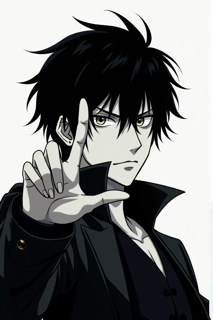 Create an image of the character L from the anime death note making the letter L with your hand 