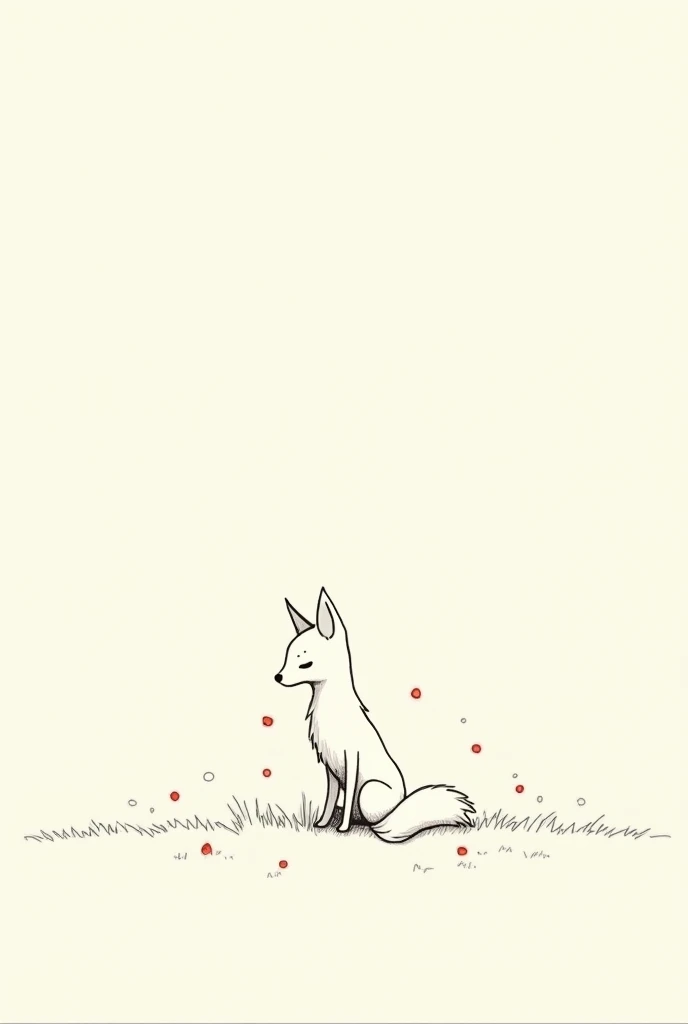 Dessin au trait dans le style du Petit Prince de St Exupéry dun petit renard assis sur lherbe les yeux fermés. Le petit renard est encerclé de belles lumières rouges