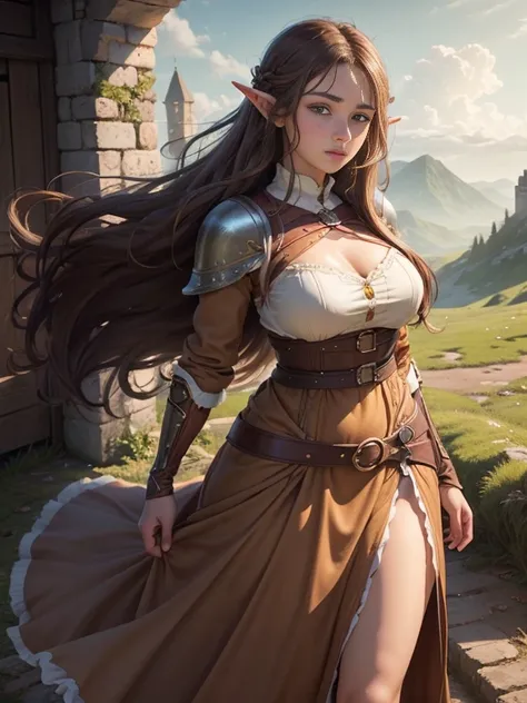 ((best quality))) (((HD))) (((8k))) (character) 20-year-old woman, ((adventurous)) elf, ((beautiful)) and (serious)), ((brown hair)) and ((long hair)), voluptuous, Brown hair fit body large breasts thick thighs, ((long skirt)) and (long dress)), light fant...