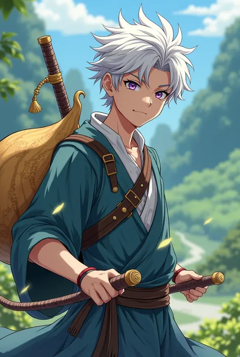 Generate in anime style a young man with white hair and purple eyes, carrying on his back a wooden gourd made of clay with earth, and in one hand a sword made of earth