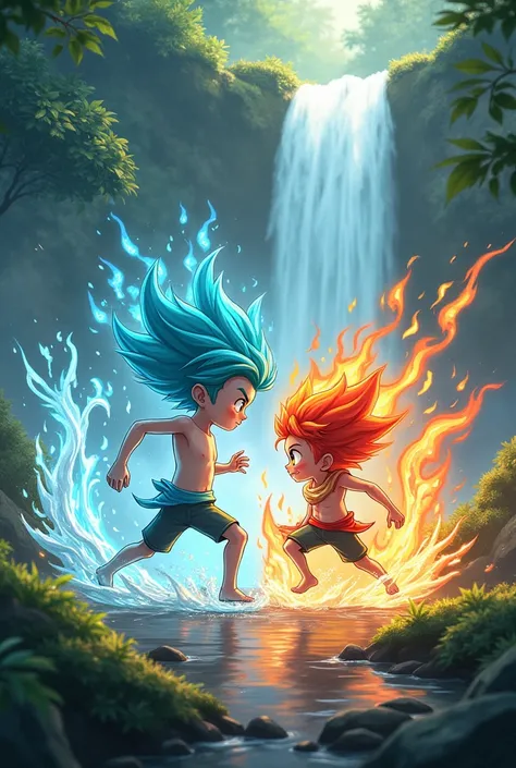 Water element boy fighting with fire element cute boy